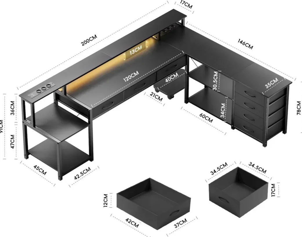Bureau d'Angle L Gaming — 7 Tiroirs, Prises USB & Éclairage LED | Noir/Blanc