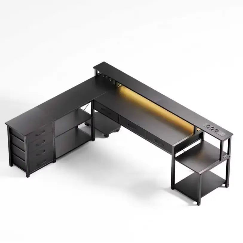 Bureau d'Angle L Gaming — 7 Tiroirs, Prises USB & Éclairage LED | Noir/Blanc