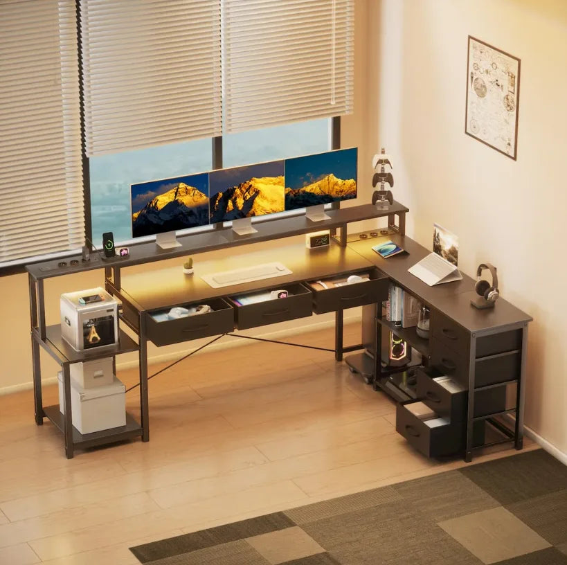 Bureau d'Angle L Gaming — 7 Tiroirs, Prises USB & Éclairage LED | Noir/Blanc