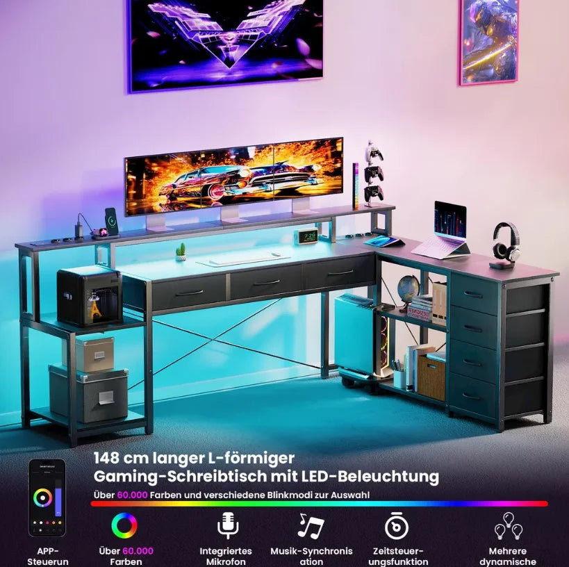 Bureau d'Angle L Gaming — 7 Tiroirs, Prises USB & Éclairage LED | Noir/Blanc