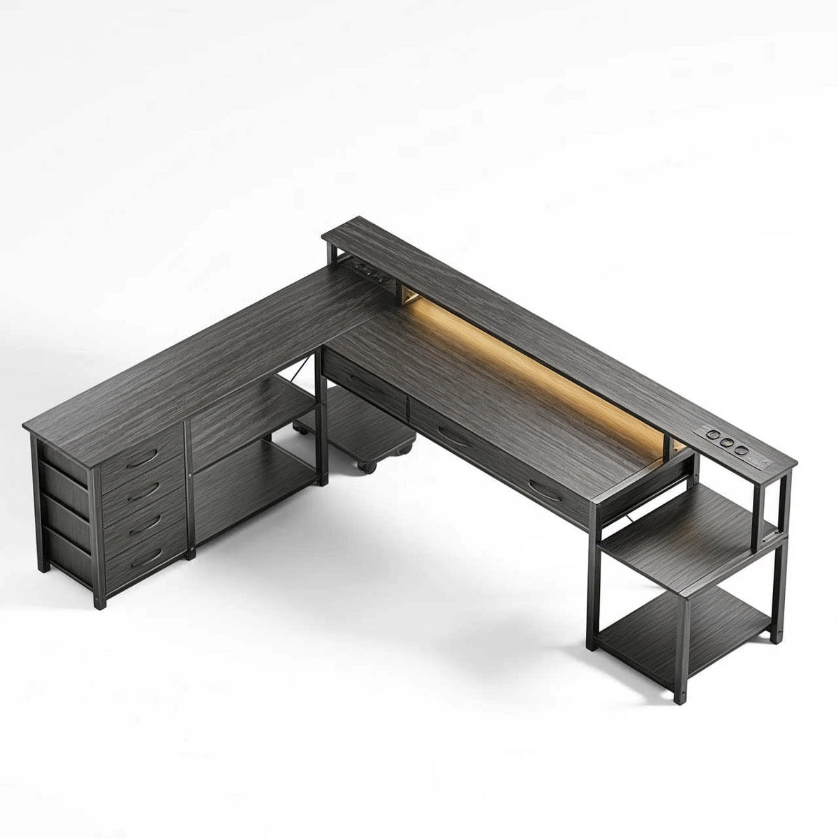 Bureau d'Angle L Gaming — 7 Tiroirs, Prises USB & Éclairage LED | Noir/Blanc