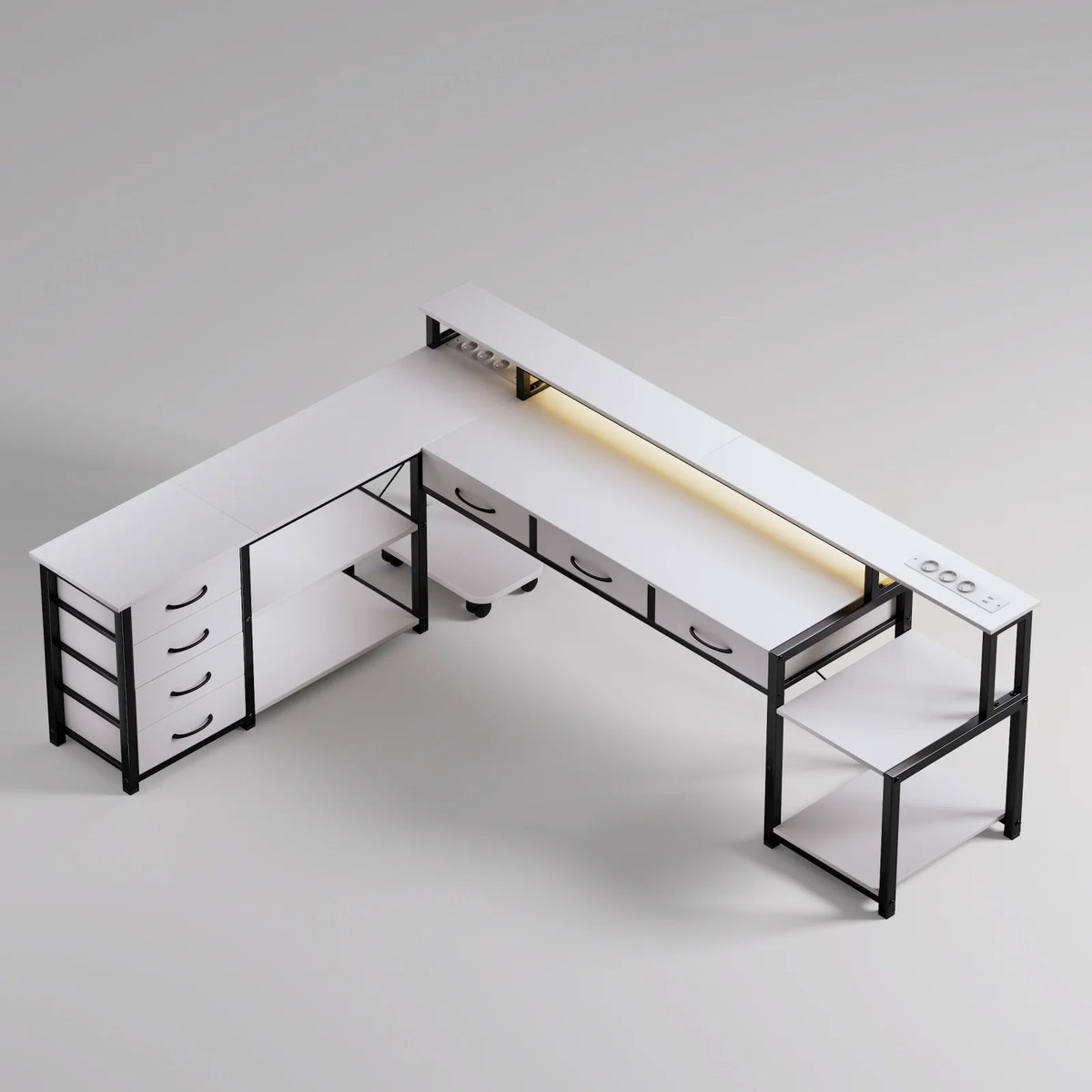 Bureau d'Angle L Gaming — 7 Tiroirs, Prises USB & Éclairage LED | Noir/Blanc