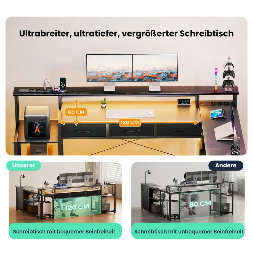Bureau d'Angle L Gaming — 7 Tiroirs, Prises USB & Éclairage LED | Noir/Blanc