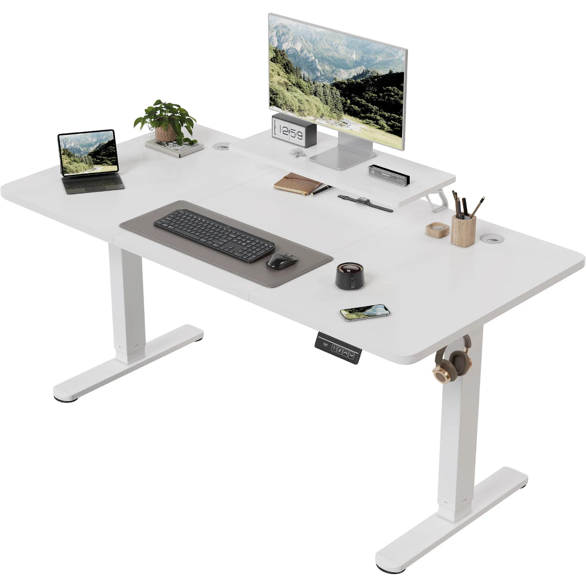 Bureau Assis-Debout Électrique 160×70 cm — Support Écran & Mémoire | Blanc