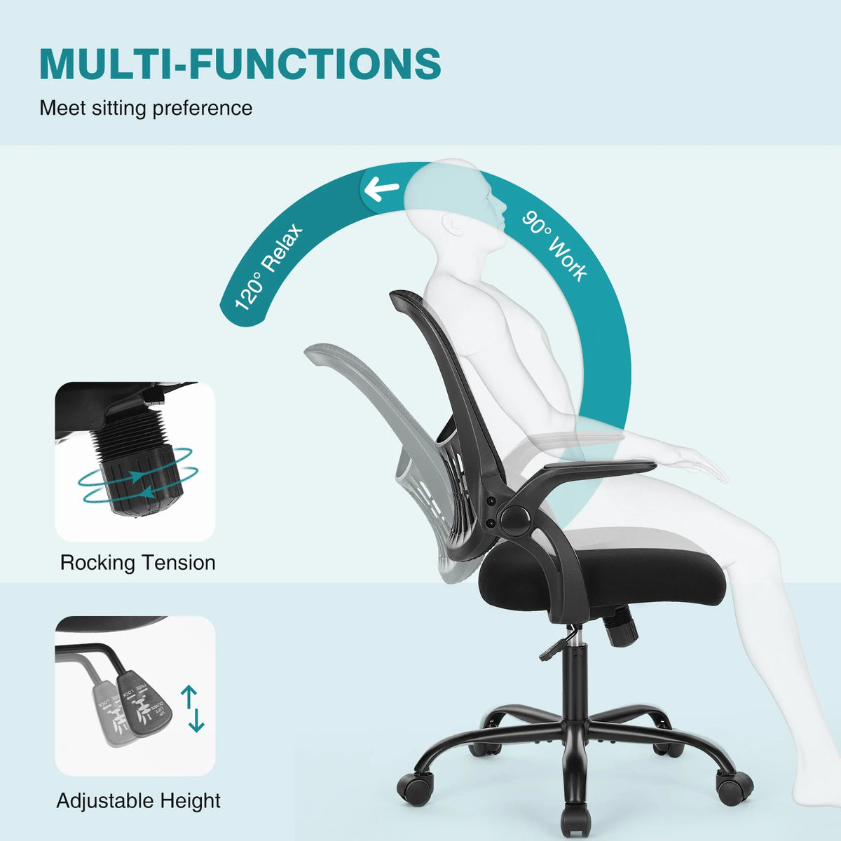 Chaise de Bureau Mesh Ergonomique — Accoudoirs Relevables & Balancement | Roulettes